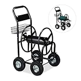 Relaxdays Schlauchwagen Metall, 4 Gummiräder, XL Schlauchtrommel, Kurbel, f. 60m Schlauch, HBT 114 x 64 x 90 cm, schwarz